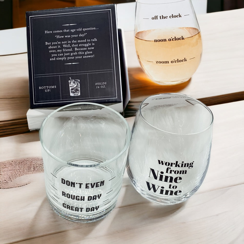 Whiskey Or Wine Stemless Glass Gift Set With Funny Barware Saying And Gift Box For Wine Lovers BandsCo Straps