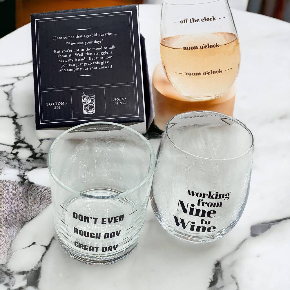 Whiskey Or Wine Stemless Glass Gift Set With Funny Barware Saying And Gift Box For Wine Lovers BandsCo Straps
