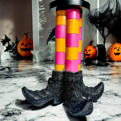 Witch Leg Pillar Candle Holder Halloween Decor Striped Boots Glitter BandsCo Straps
