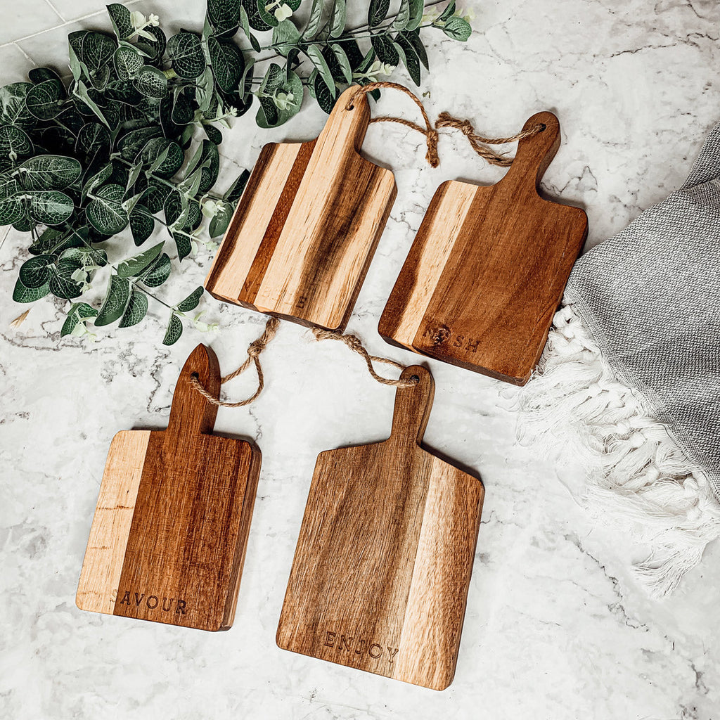 Acacia Charcuterie Boards Set Of 4 8x4.5in Small Serving Boards With Jute Hangs BandsCo Straps
