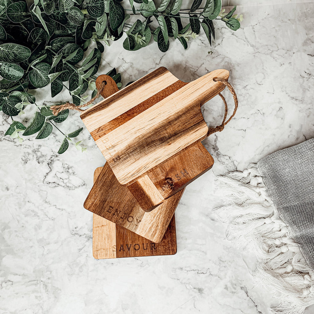 Acacia Charcuterie Boards Set Of 4 8x4.5in Small Serving Boards With Jute Hangs BandsCo Straps