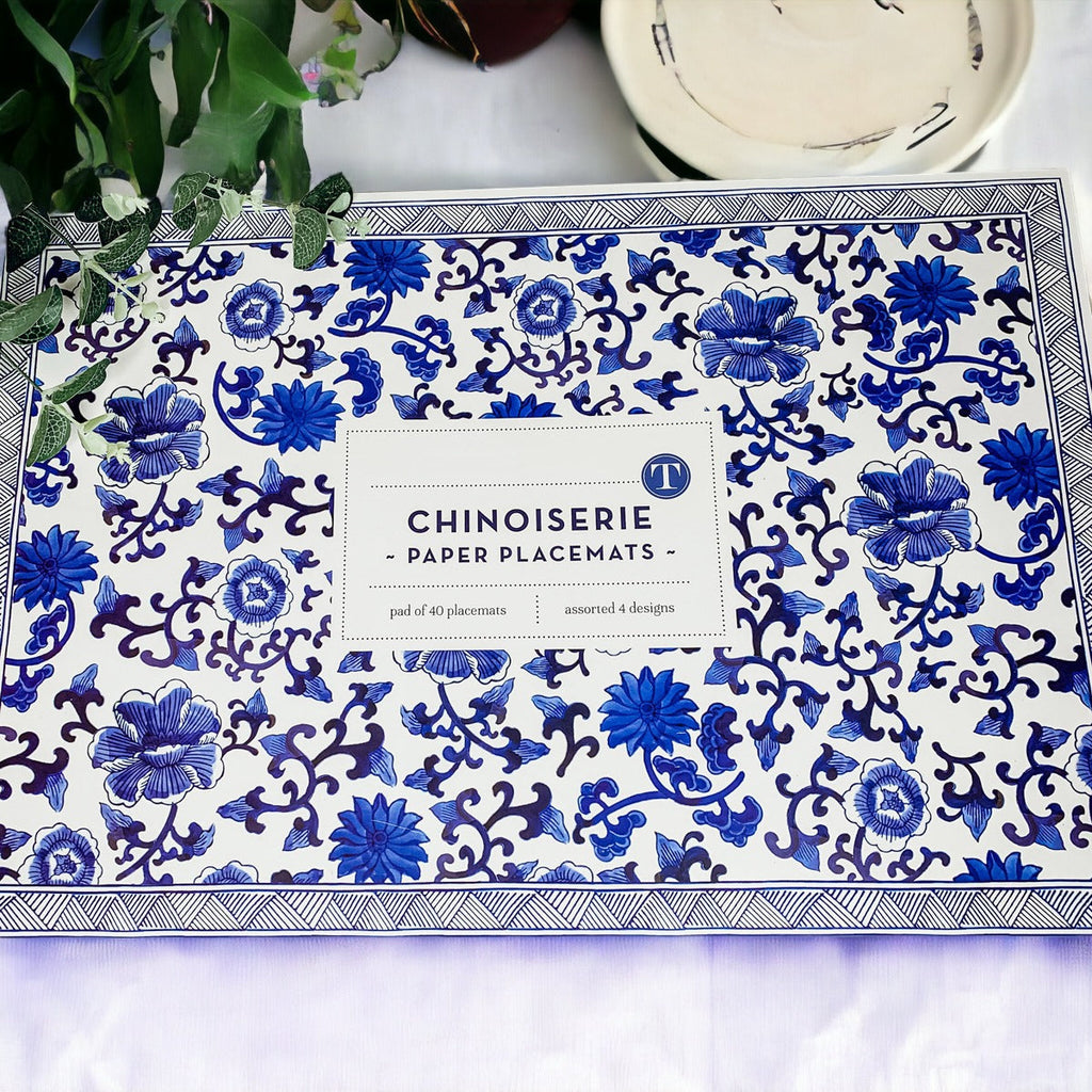 Chinoiserie Placemats Set Of 4 - Elegant Asian Floral Vinyl Placemats, Easy BandsCo Straps