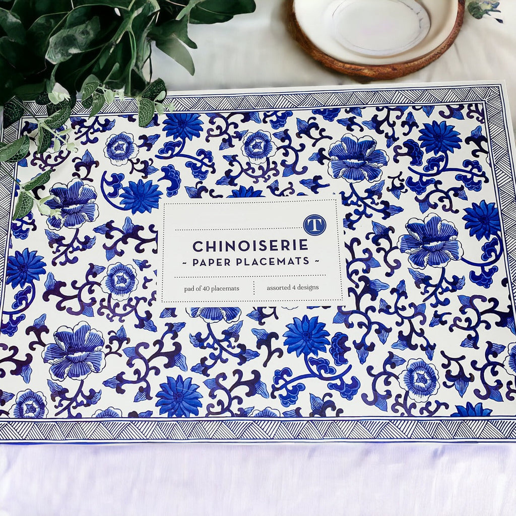 Chinoiserie Placemats Set Of 4 - Elegant Asian Floral Vinyl Placemats, Easy BandsCo Straps