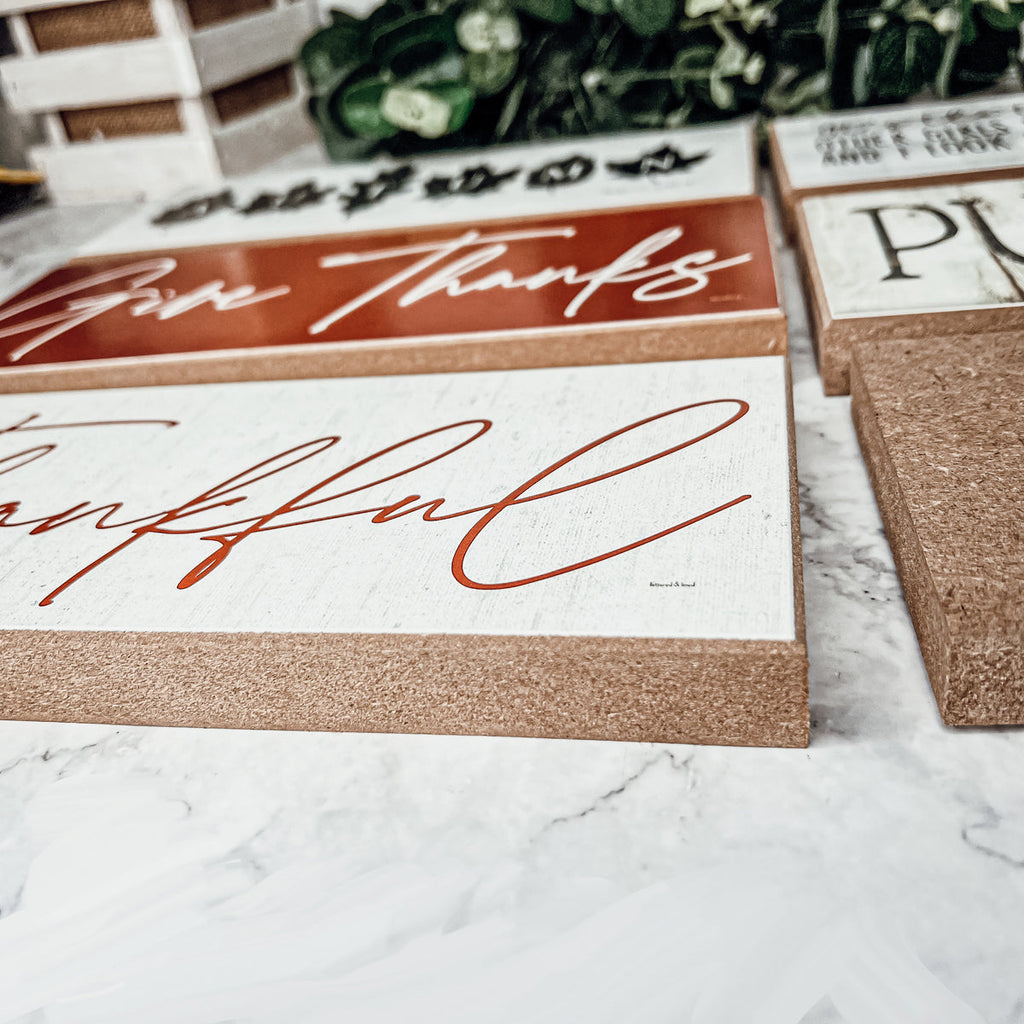 Give Thanks Rustic Wall Sign Set 10x4x1 Inch, Rust Background White Script, Single Or 2-Pack BandsCo Straps