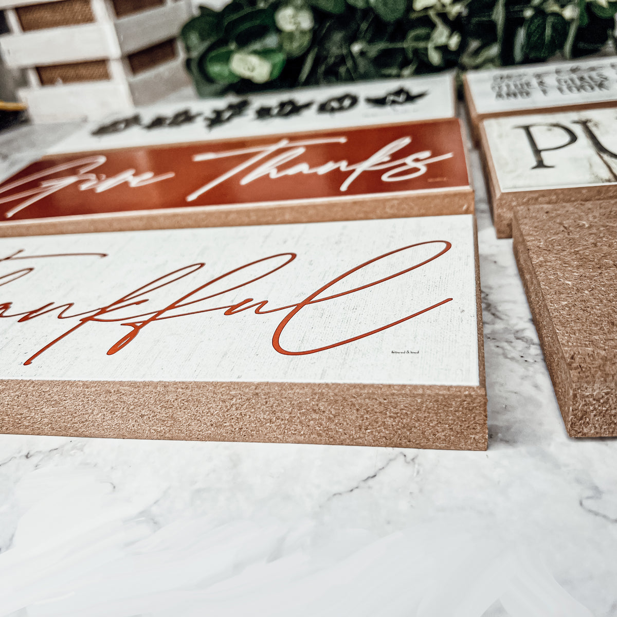 Give Thanks Rustic Wall Sign Set 10x4x1 Inch, Rust Background White Script, Single Or 2-Pack BandsCo Straps