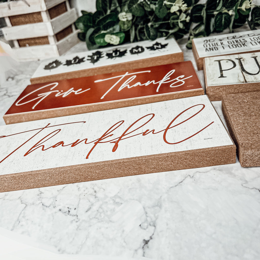 Give Thanks Rustic Wall Sign Set 10x4x1 Inch, Rust Background White Script, Single Or 2-Pack BandsCo Straps