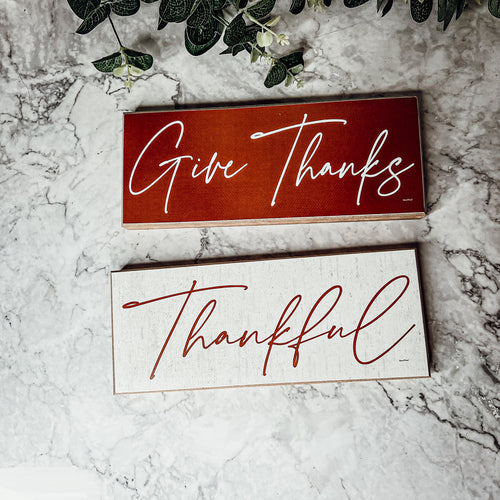 Give Thanks Rustic Wall Sign Set 10x4x1 Inch, Rust Background White Script, Single Or 2-Pack BandsCo Straps