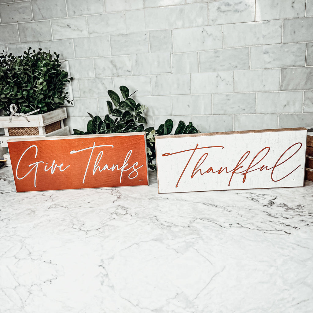 Give Thanks Rustic Wall Sign Set 10x4x1 Inch, Rust Background White Script, Single Or 2-Pack BandsCo Straps