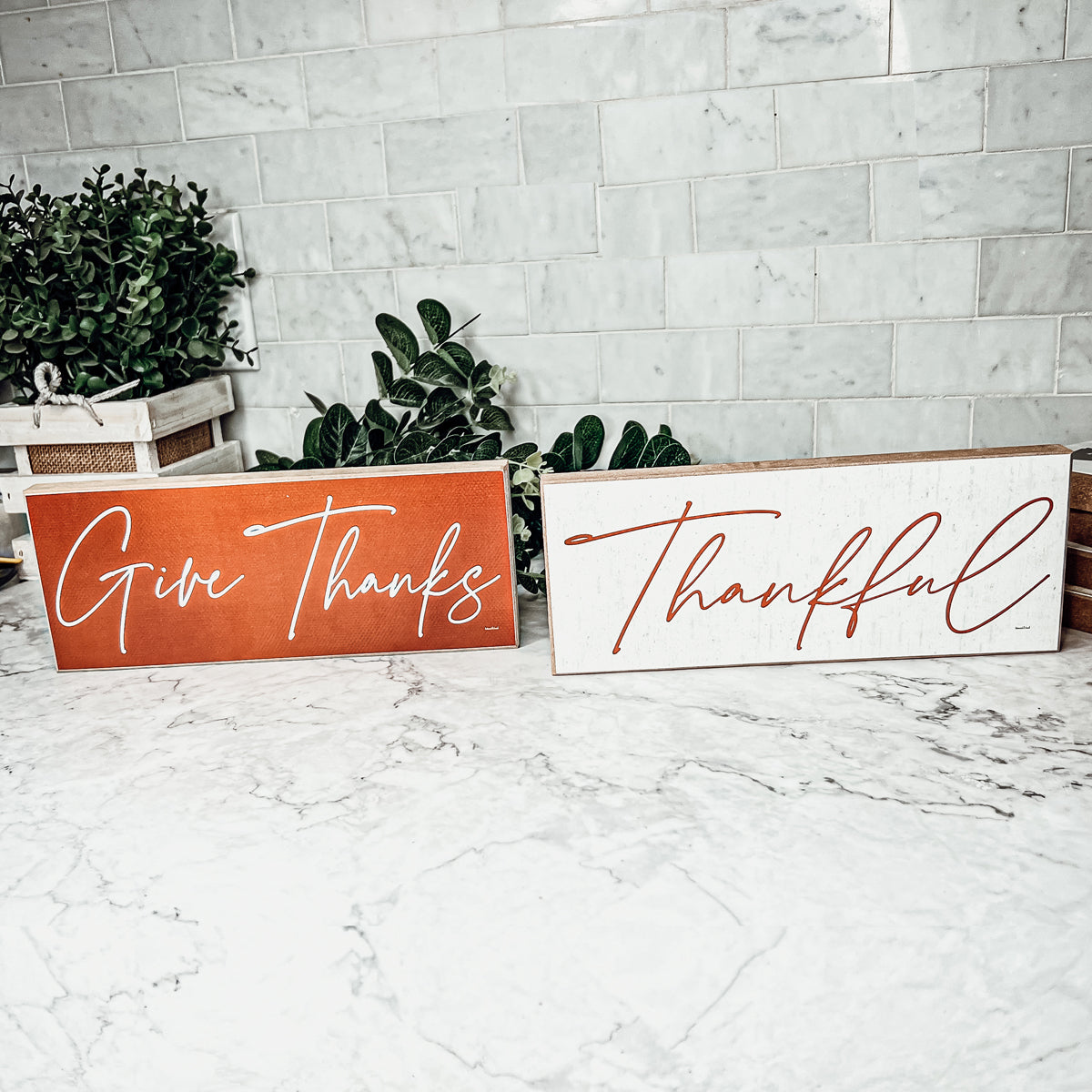 Give Thanks Rustic Wall Sign Set 10x4x1 Inch, Rust Background White Script, Single Or 2-Pack BandsCo Straps