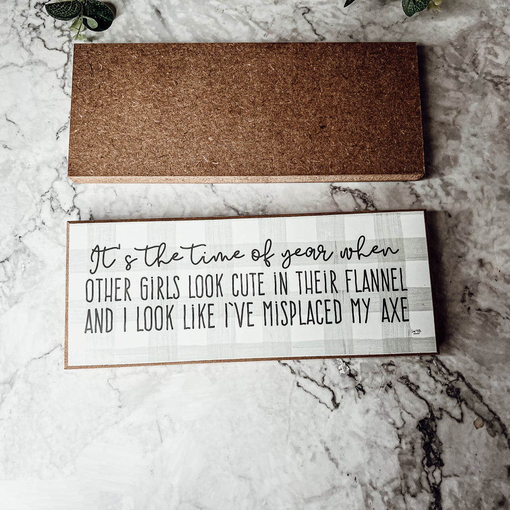 Misplaced Axe Funny Fall Winter Wood Sign 10x4 Rustic Gingham Flannel Wall Decor Gift BandsCo Straps