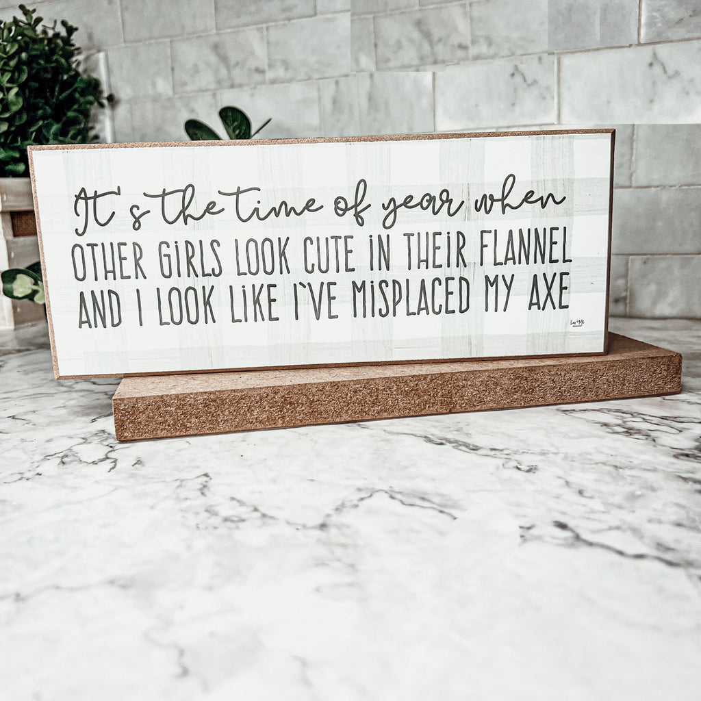 Misplaced Axe Funny Fall Winter Wood Sign 10x4 Rustic Gingham Flannel Wall Decor Gift BandsCo Straps