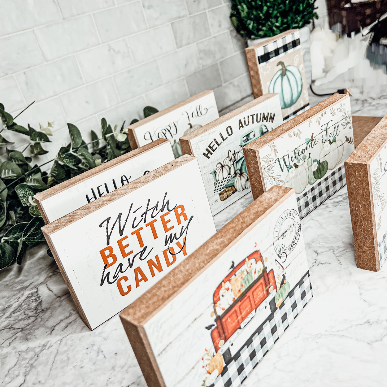 Hello Pumpkin Rustic Wood Sign 6x4 Fall Home Decor Off White Black Script BandsCo Straps