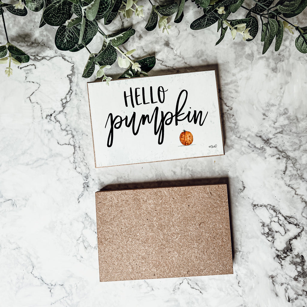 Hello Pumpkin Rustic Wood Sign 6x4 Fall Home Decor Off White Black Script BandsCo Straps