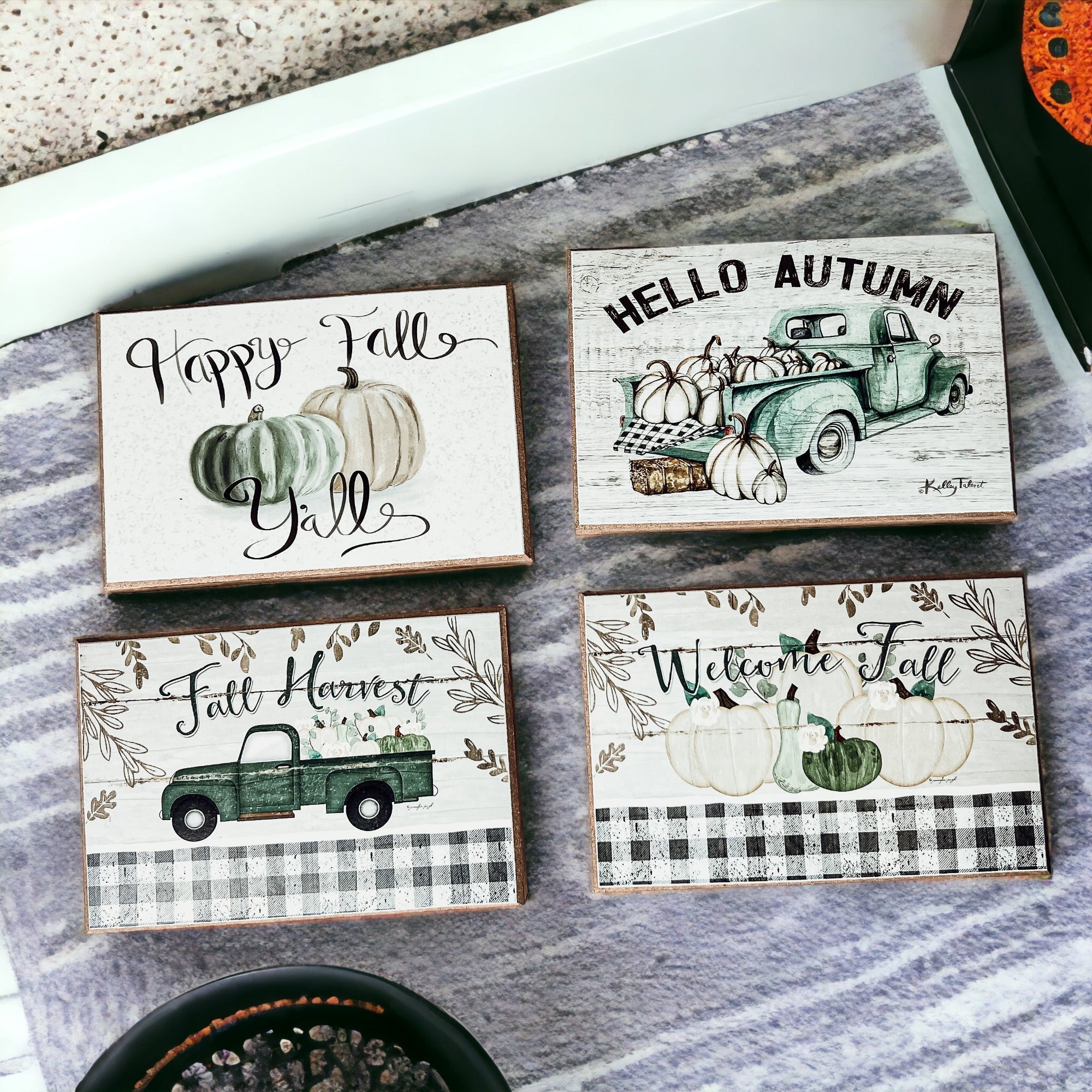 Fall Harvest Wooden Tiered Tray Sign 6x4x1 Rustic Halloween Home Decor BandsCo Straps