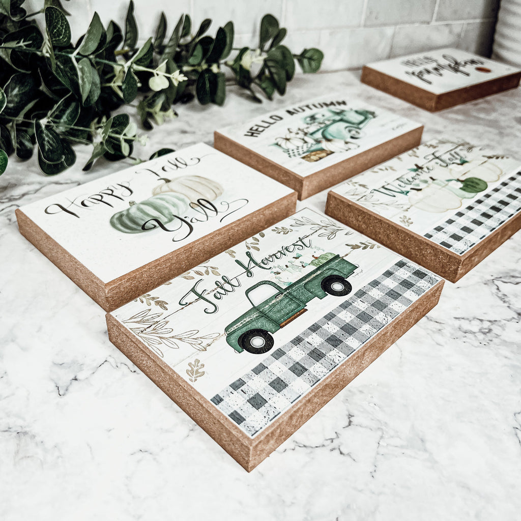 Fall Harvest Wooden Tiered Tray Sign 6x4x1 Rustic Halloween Home Decor BandsCo Straps
