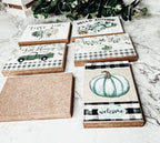 Teal Pumpkin Welcome Sign 6x4x1 Handmade Wood Halloween Gingham Accent BandsCo Straps