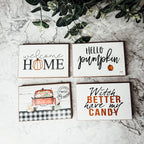 Hello Pumpkin Rustic Wood Sign 6x4 Fall Home Decor Off White Black Script BandsCo Straps