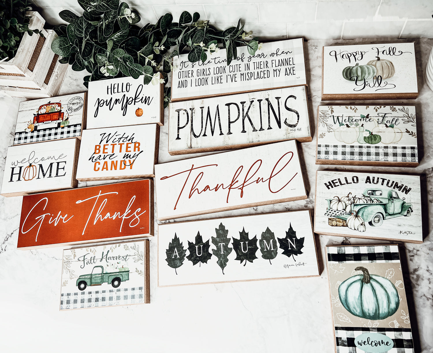 Pumpkins Wood Sign Rustic Fall Halloween Tabletop Shelf Mantel Decor 10x4x1 BandsCo Straps