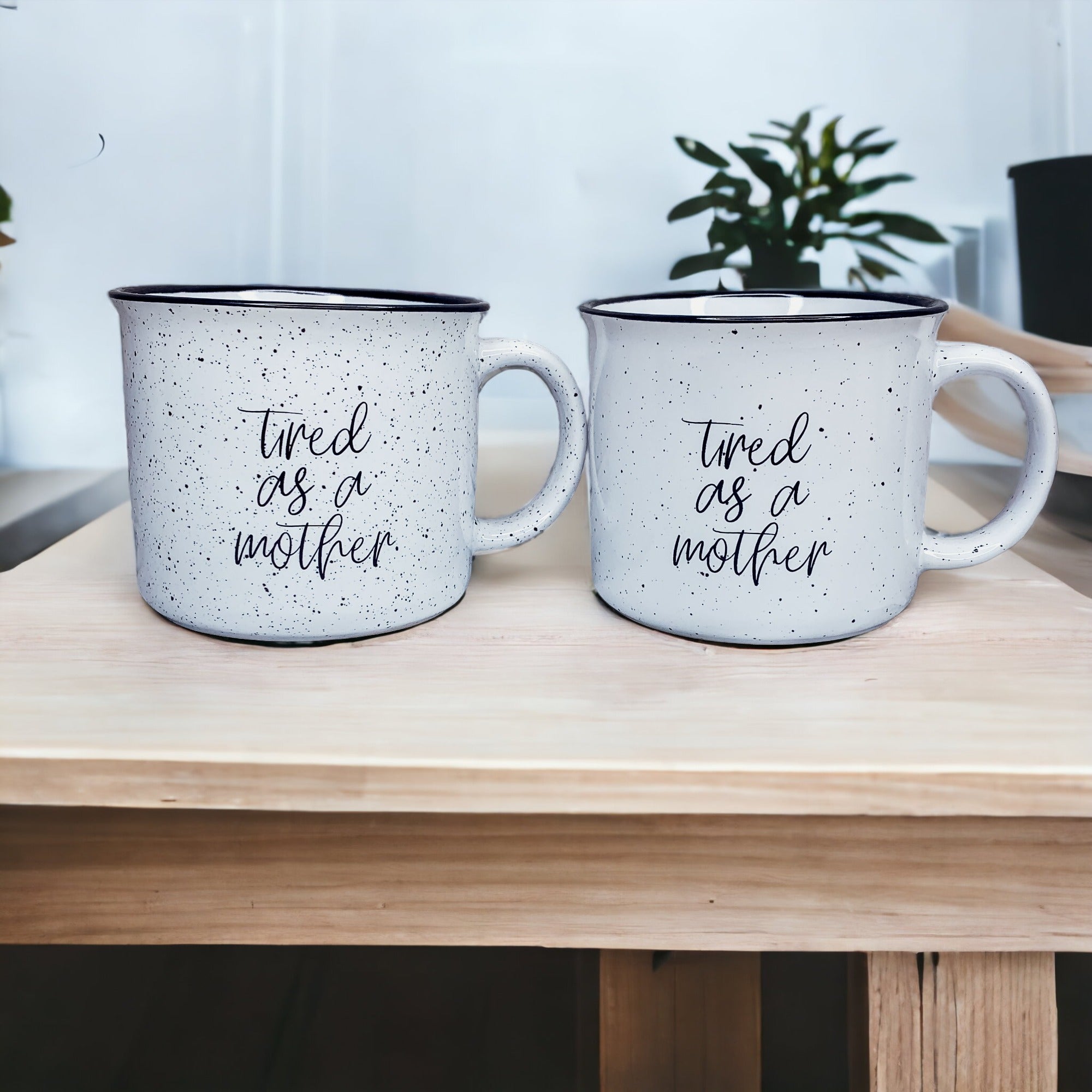 Tired As A Mother Campfire Mug Heavy Duty 15oz Oversized Ceramic Mug White Sesame Glaze Black Rim BandsCo Straps
