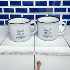 Tired As A Mother Campfire Mug Heavy Duty 15oz Oversized Ceramic Mug White Sesame Glaze Black Rim BandsCo Straps