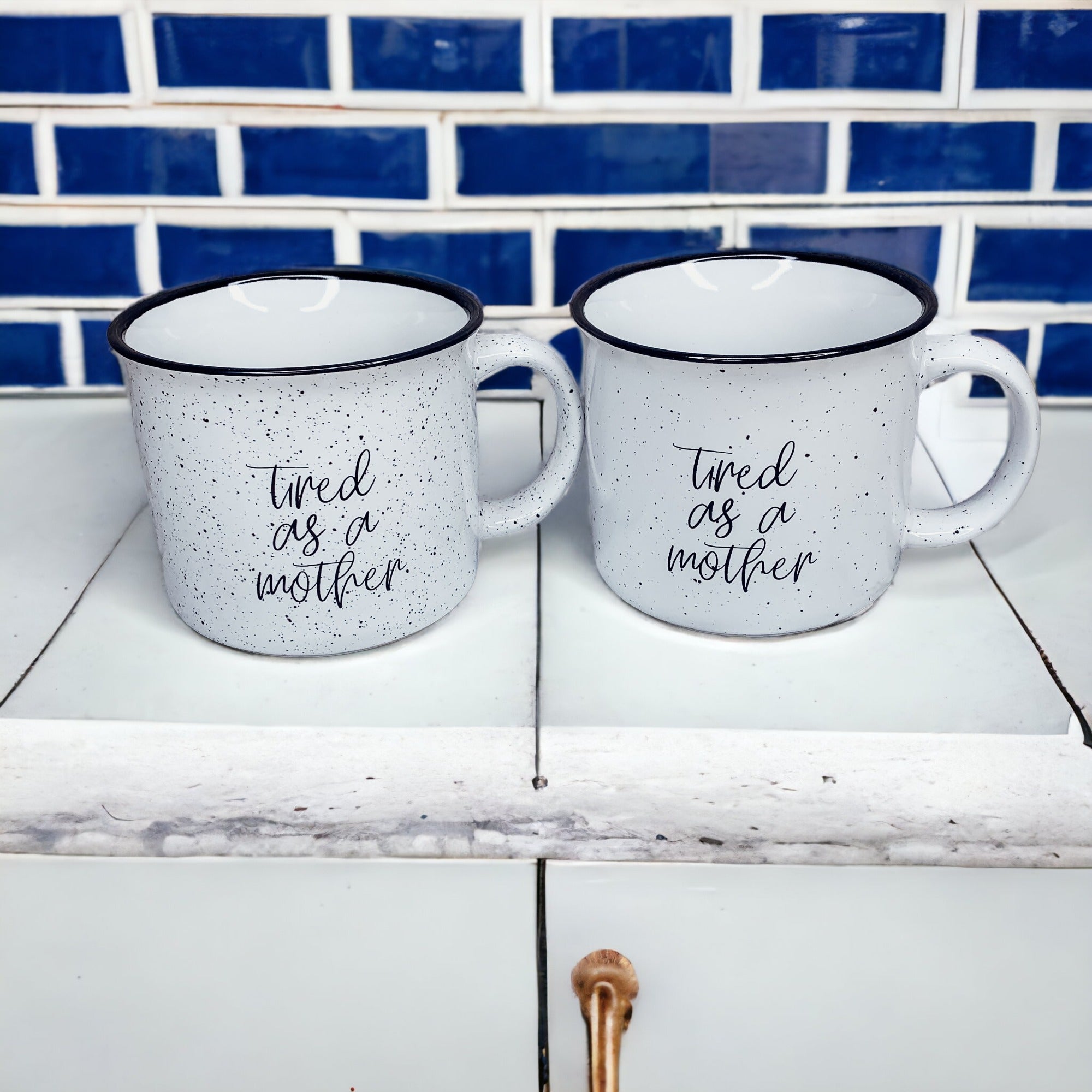 Tired As A Mother Campfire Mug Heavy Duty 15oz Oversized Ceramic Mug White Sesame Glaze Black Rim BandsCo Straps