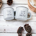 Tired As A Mother Campfire Mug Heavy Duty 15oz Oversized Ceramic Mug White Sesame Glaze Black Rim BandsCo Straps