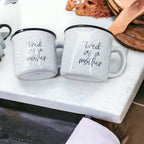 Tired As A Mother Campfire Mug Heavy Duty 15oz Oversized Ceramic Mug White Sesame Glaze Black Rim BandsCo Straps