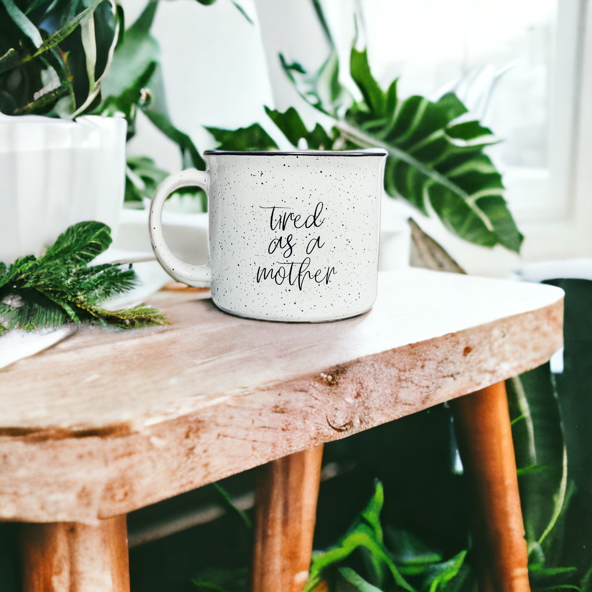 Tired As A Mother Campfire Mug Heavy Duty 15oz Oversized Ceramic Mug White Sesame Glaze Black Rim BandsCo Straps
