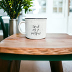 Tired As A Mother Campfire Mug Heavy Duty 15oz Oversized Ceramic Mug White Sesame Glaze Black Rim BandsCo Straps