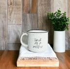 Tired As A Mother Campfire Mug Heavy Duty 15oz Oversized Ceramic Mug White Sesame Glaze Black Rim BandsCo Straps