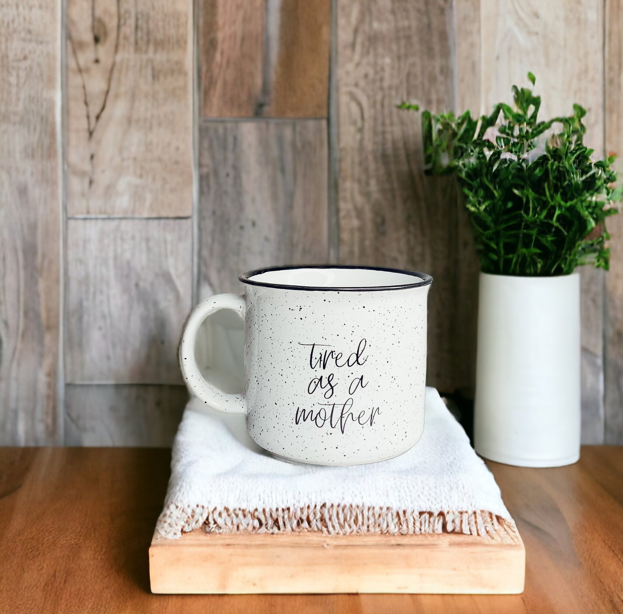 Tired As A Mother Campfire Mug Heavy Duty 15oz Oversized Ceramic Mug White Sesame Glaze Black Rim BandsCo Straps