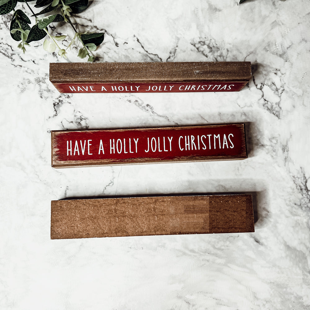 Holly Jolly Christmas Wooden Shelf Sitter Sign Holiday Mantel Shelf Decor Rustic Farmhouse BandsCo Straps