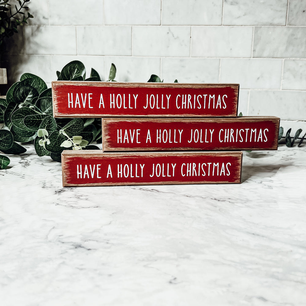 Holly Jolly Christmas Wooden Shelf Sitter Sign Holiday Mantel Shelf Decor Rustic Farmhouse BandsCo Straps