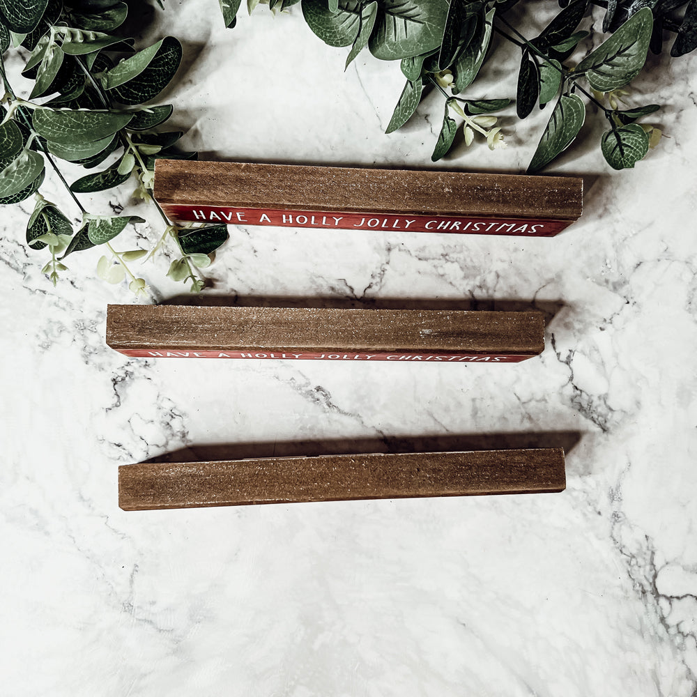 Holly Jolly Christmas Wooden Shelf Sitter Sign Holiday Mantel Shelf Decor Rustic Farmhouse BandsCo Straps