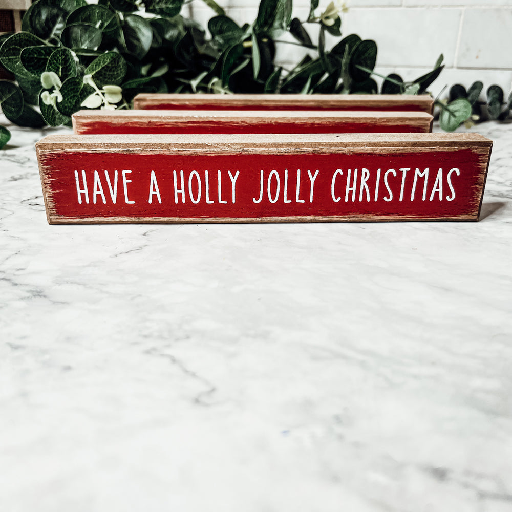 Holly Jolly Christmas Wooden Shelf Sitter Sign Holiday Mantel Shelf Decor Rustic Farmhouse BandsCo Straps
