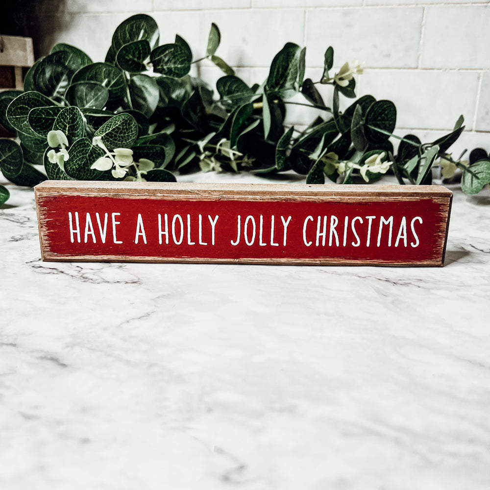 Holly Jolly Christmas Wooden Shelf Sitter Sign Holiday Mantel Shelf Decor Rustic Farmhouse BandsCo Straps