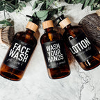 16oz Amber Glass Boston Round Soap Refill Bottle Black Label Set BandsCo Straps