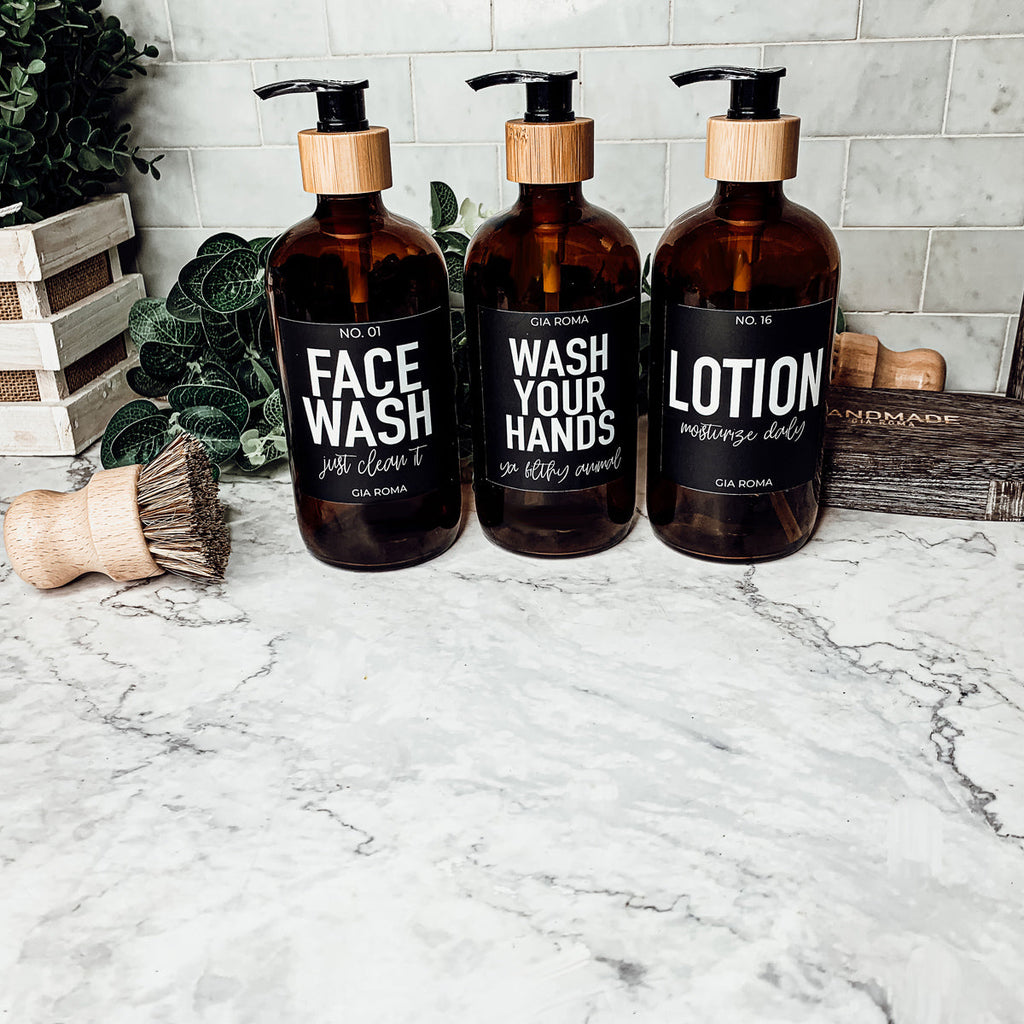 16oz Amber Glass Boston Round Soap Refill Bottle Black Label Set BandsCo Straps