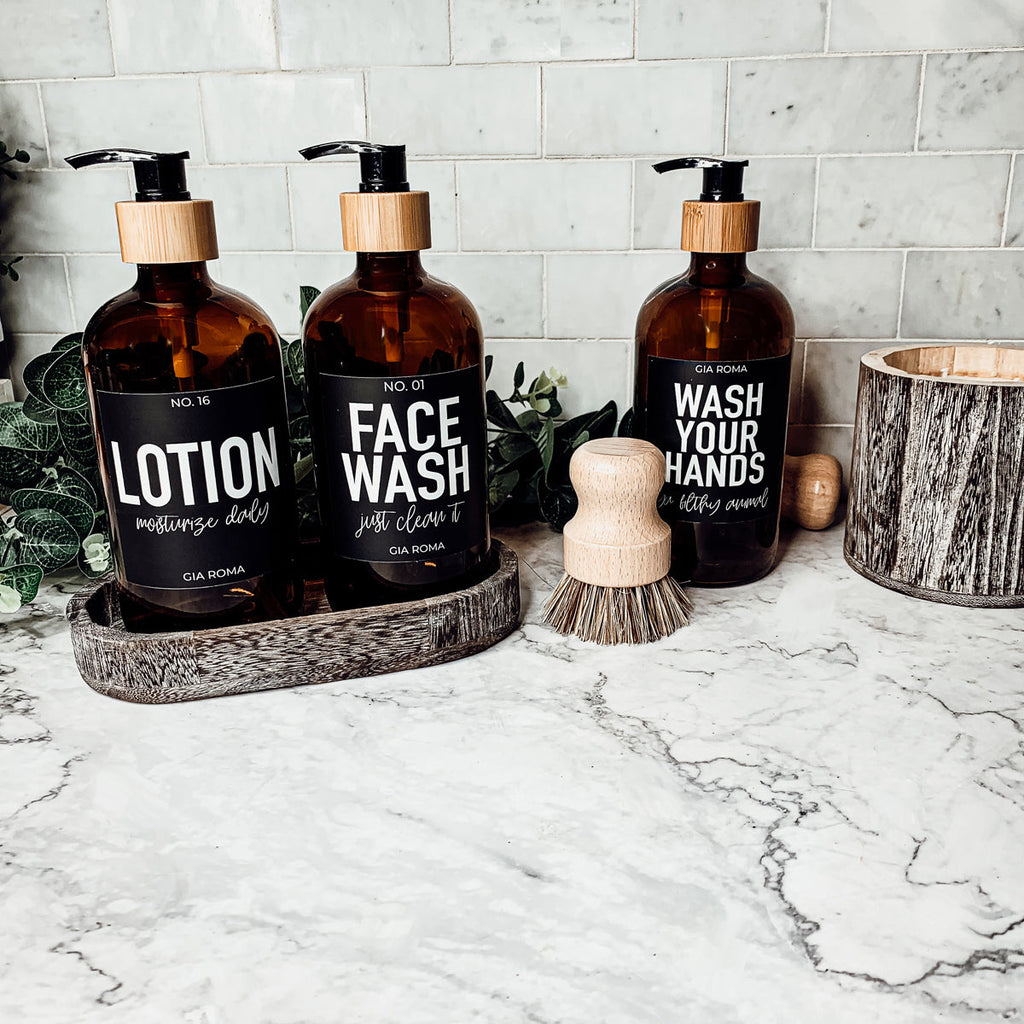 16oz Amber Glass Boston Round Soap Refill Bottle Black Label Set BandsCo Straps