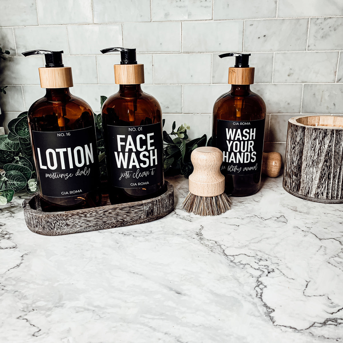 16oz Amber Glass Boston Round Soap Refill Bottle Black Label Set BandsCo Straps