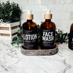 16oz Amber Glass Boston Round Soap Refill Bottle Black Label Set BandsCo Straps