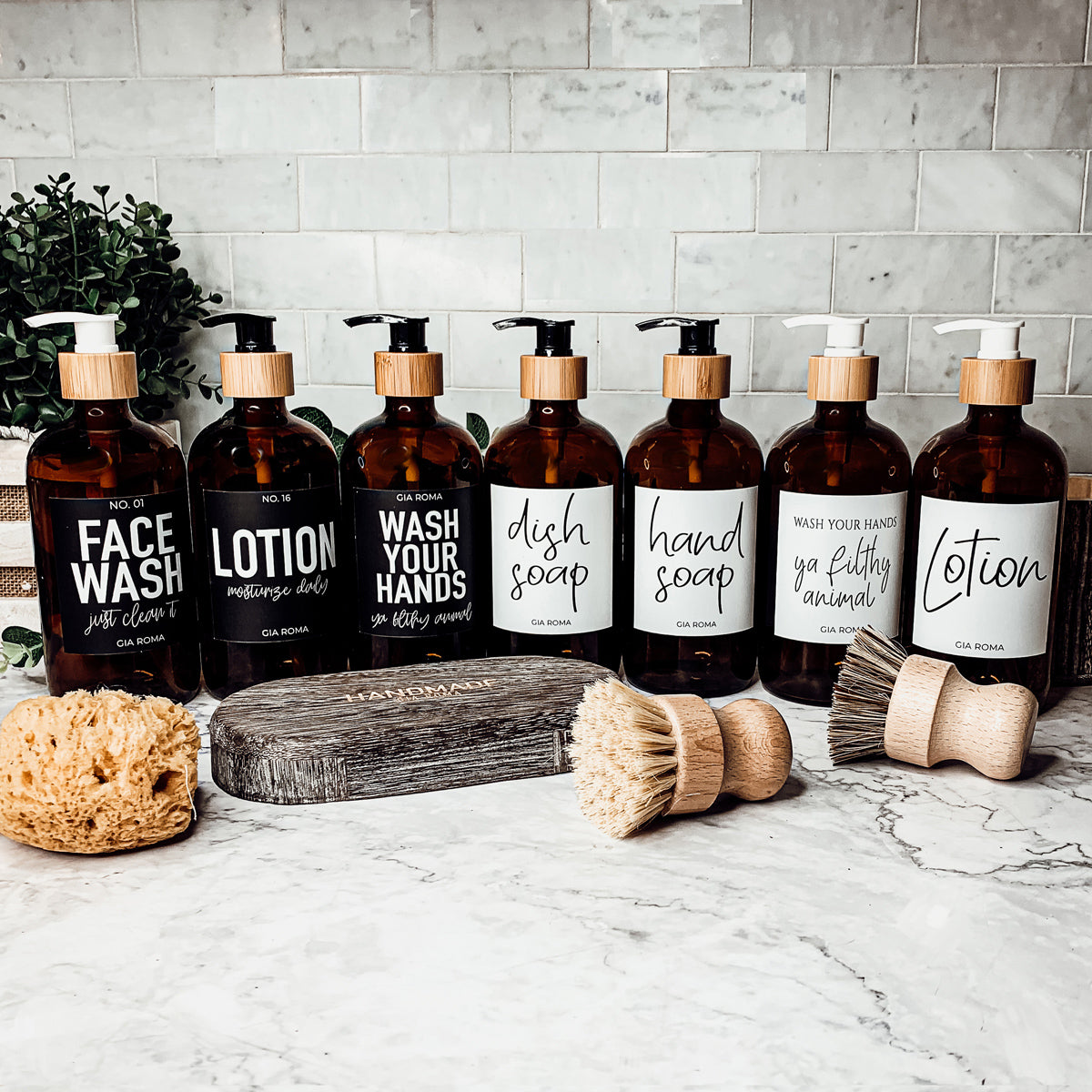 16oz Amber Glass Boston Round Soap Refill Bottle Black Label Set BandsCo Straps
