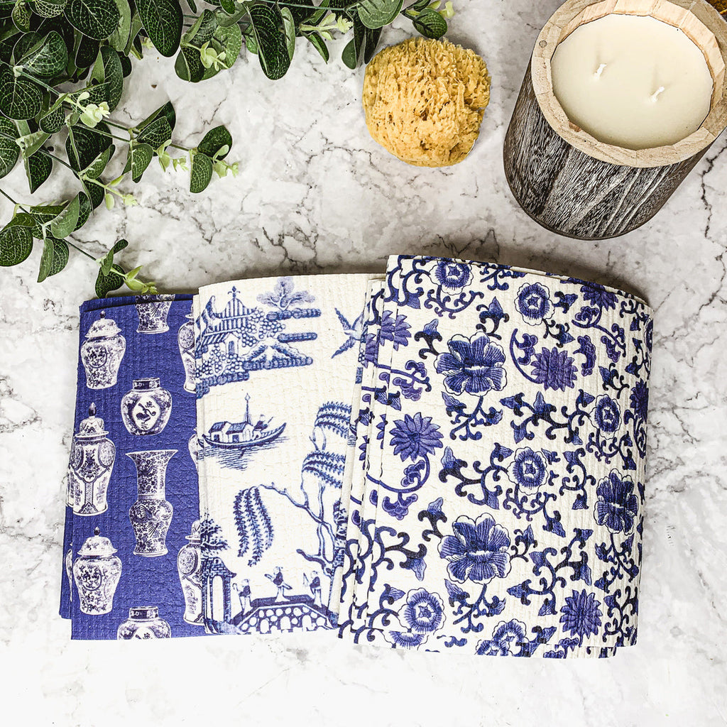 Chinoiserie Eco Kitchen Cloths - Biodegradable Cellulose Cotton, 3 Designs BandsCo Straps
