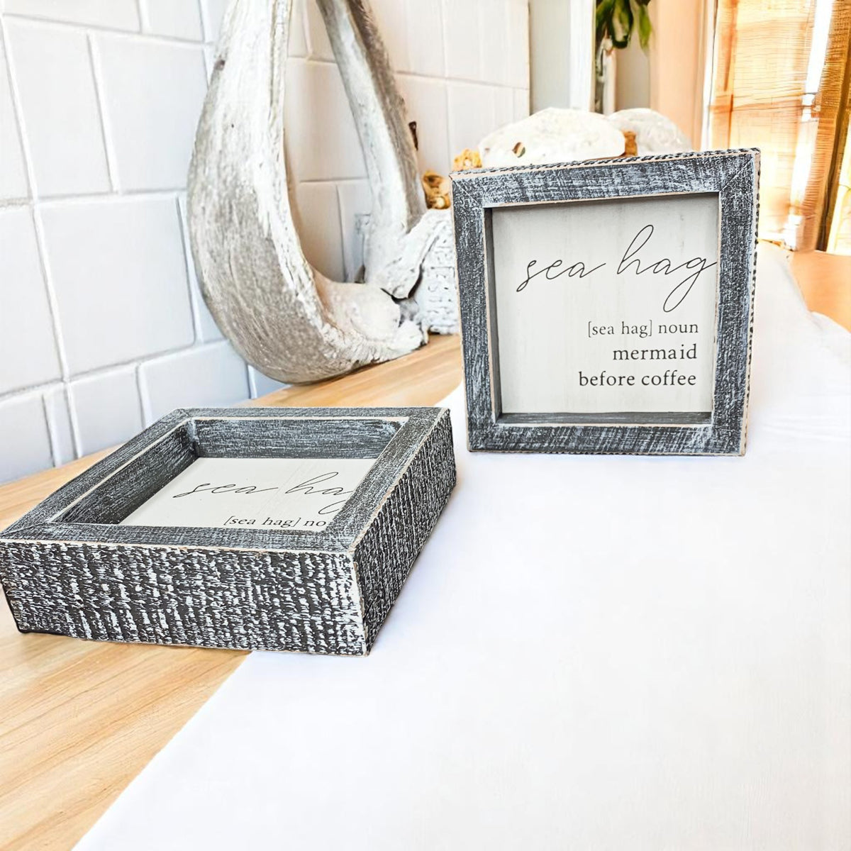 Sea Hag Wooden Sign 5x5 Distressed Gray Frame Funny Morning Mermaid Pre Coffee Decor Plaque BandsCo Straps