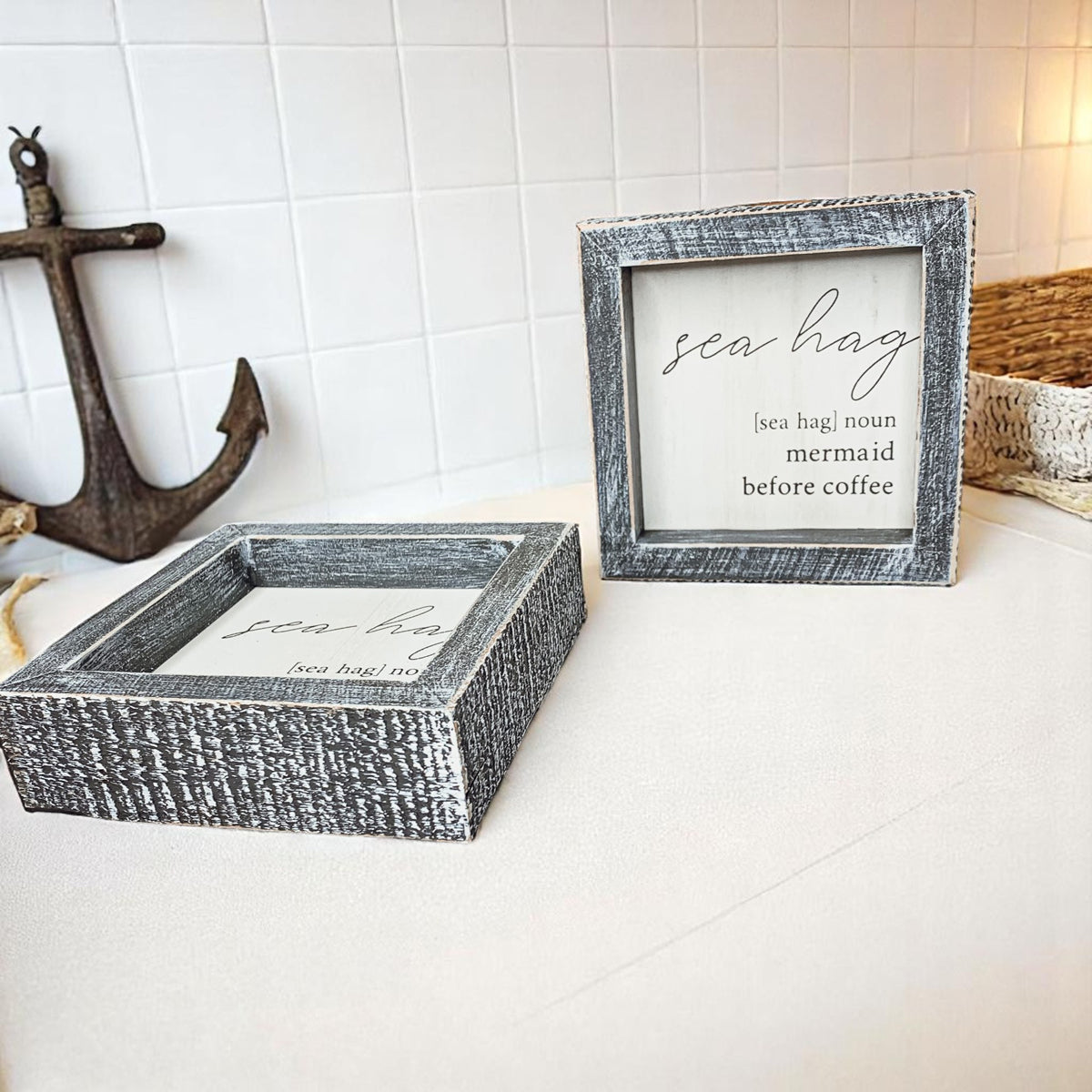 Sea Hag Wooden Sign 5x5 Distressed Gray Frame Funny Morning Mermaid Pre Coffee Decor Plaque BandsCo Straps