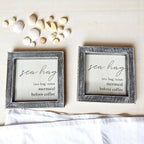 Sea Hag Wooden Sign 5x5 Distressed Gray Frame Funny Morning Mermaid Pre Coffee Decor Plaque BandsCo Straps