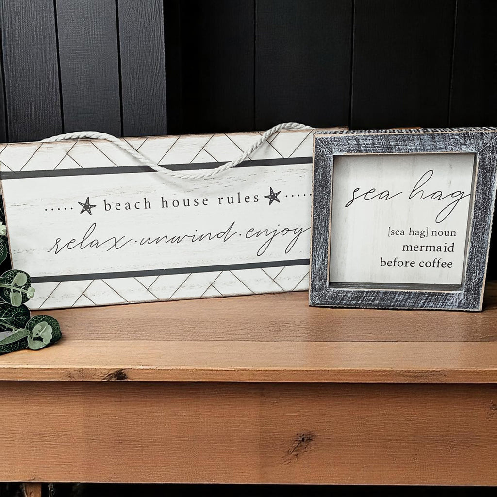 Sea Hag Wooden Sign 5x5 Distressed Gray Frame Funny Morning Mermaid Pre Coffee Decor Plaque BandsCo Straps