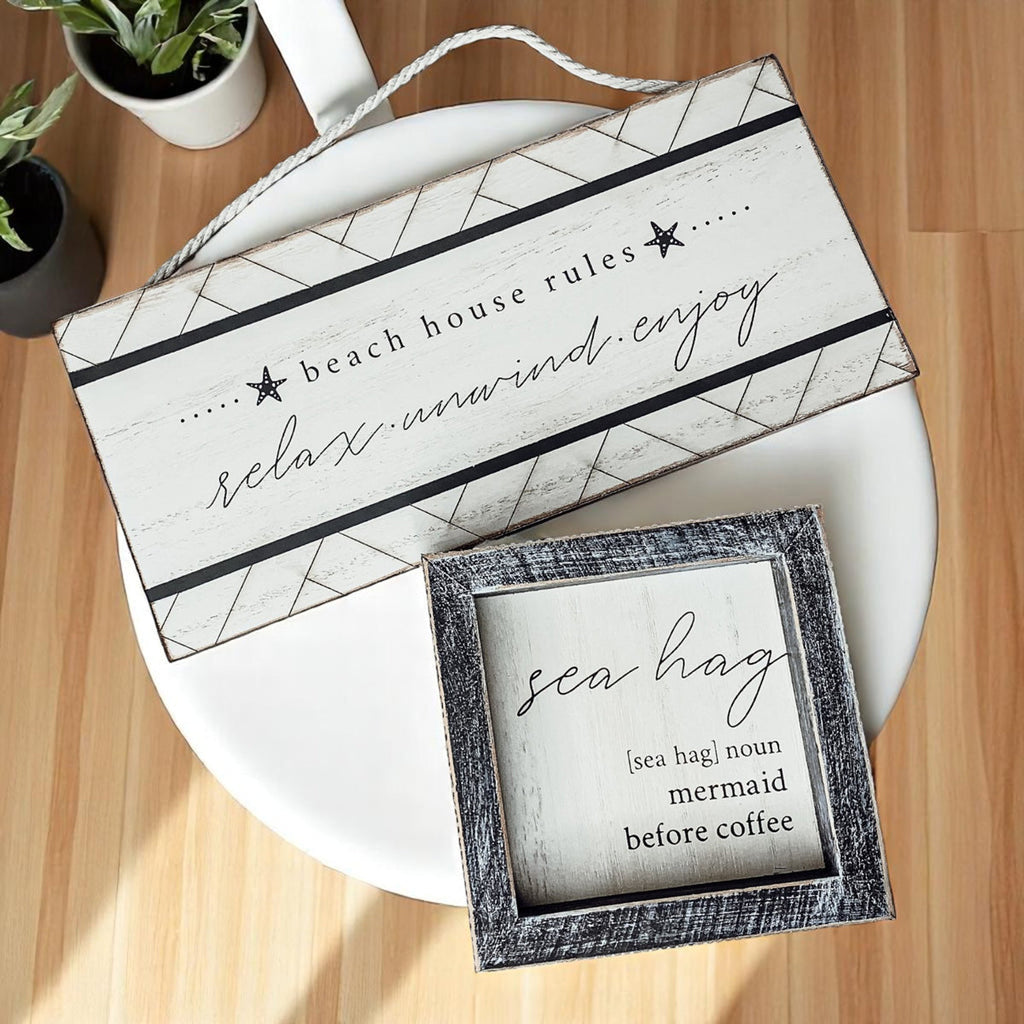 Sea Hag Wooden Sign 5x5 Distressed Gray Frame Funny Morning Mermaid Pre Coffee Decor Plaque BandsCo Straps