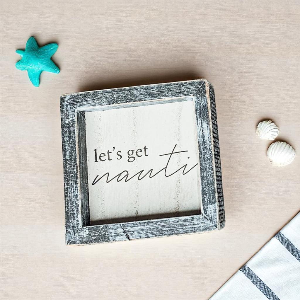 Nauti Wooden Nautical Home Decor Sign 5x5 Distressed Gray Frame Beach House Wall Accent BandsCo Straps