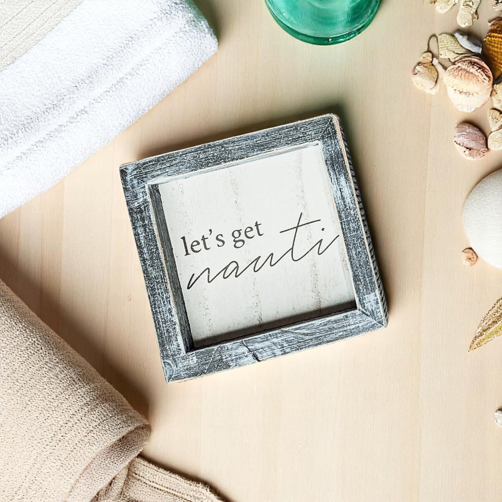 Nauti Wooden Nautical Home Decor Sign 5x5 Distressed Gray Frame Beach House Wall Accent BandsCo Straps